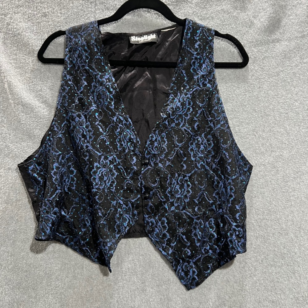 Vintage Gothic Victorian Blue Lace Vest Black Mens L